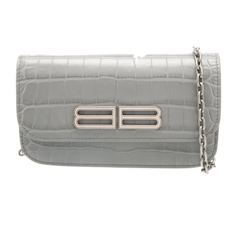 Balenciaga Gray Croc-Embossed Chain Crossbody Bag